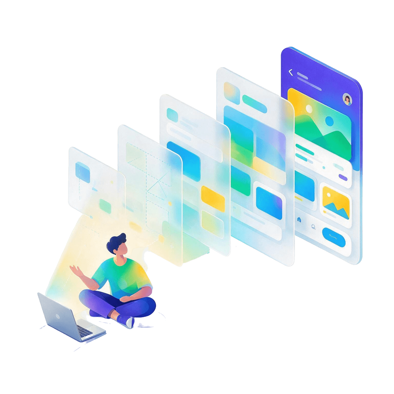 A student gesturing at a row of screens that grow from a rough wireframe on the left into a finished app on the right