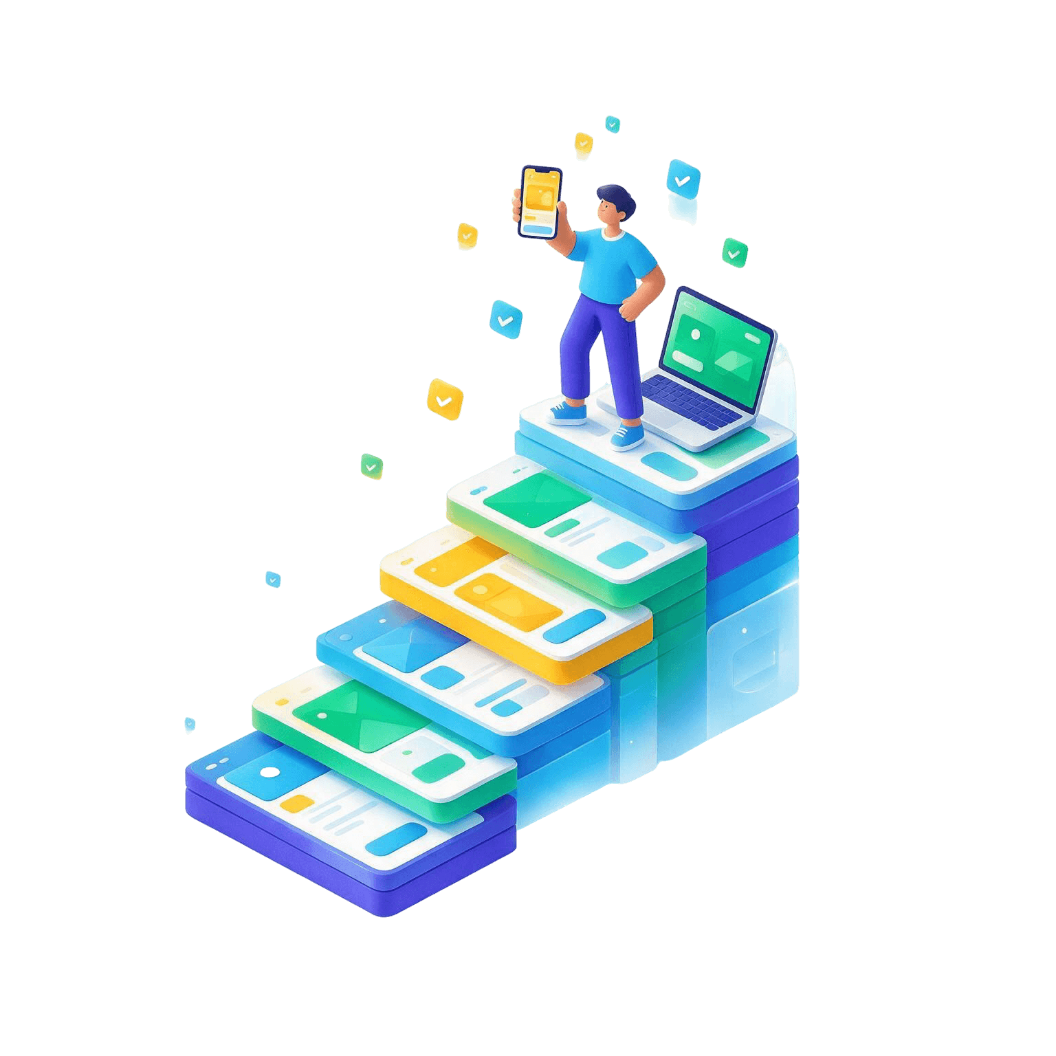 A student standing on ascending steps built from app screens, holding up a phone running their finished app